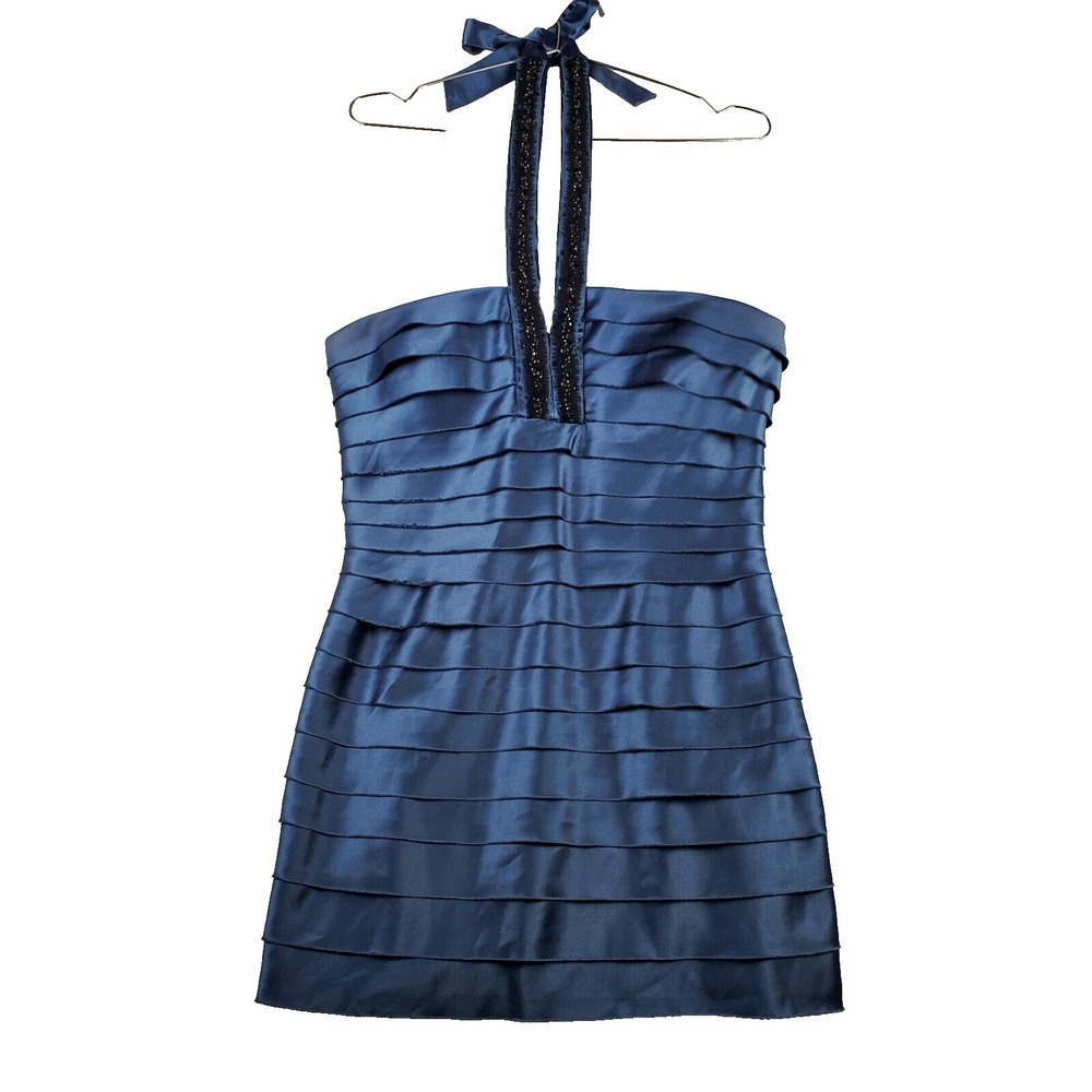 BCBGMAXAZRIA Sheath Dress Women 12 Blue Tiered Layered Beaded Halter Party TGIF